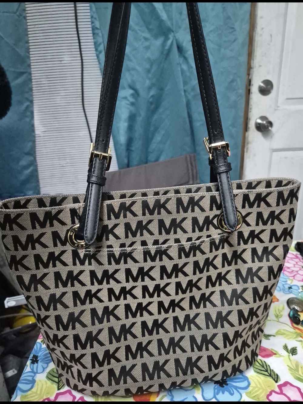 Michael Kors Tan and Black Signature Logo Tote Bag